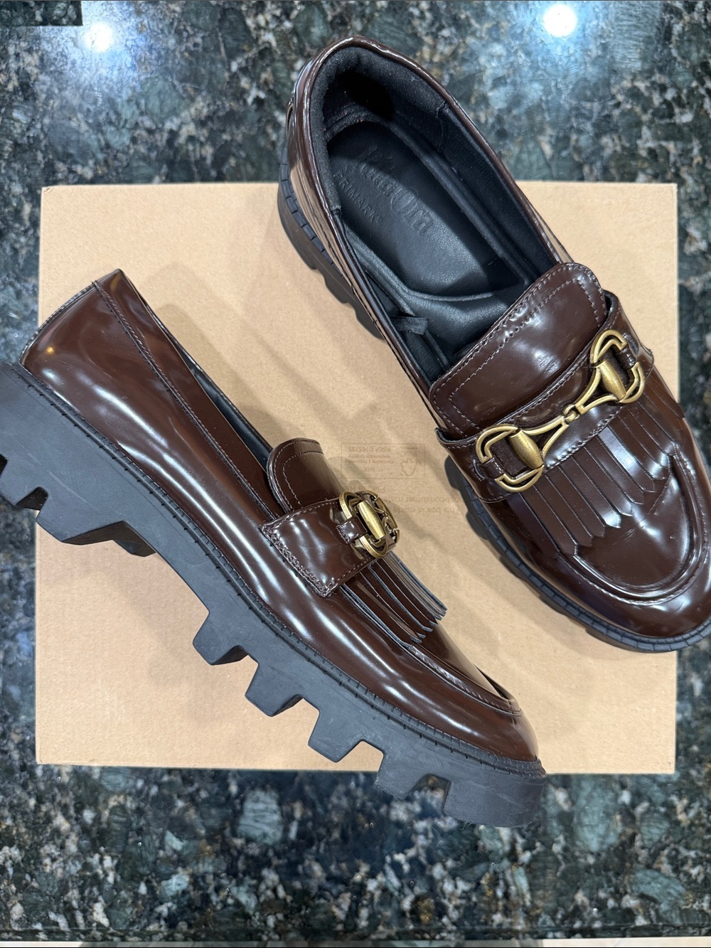 Primark Dark Brown Fringe Loafers with Gold Chain